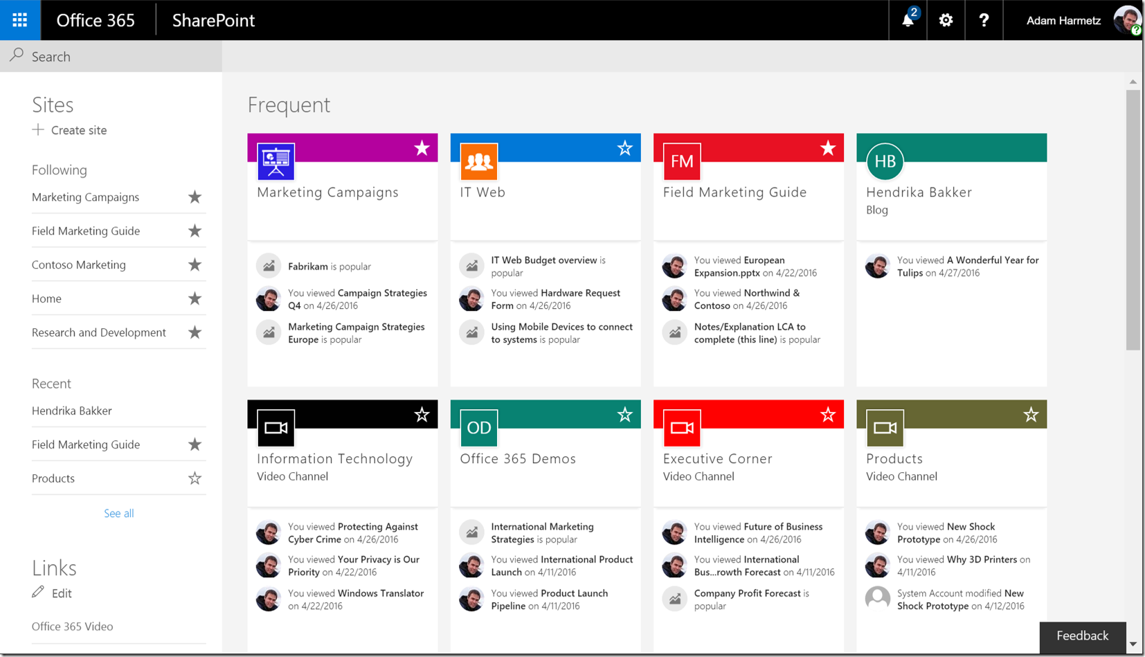 SharePoint home page with activity - 100 percent
